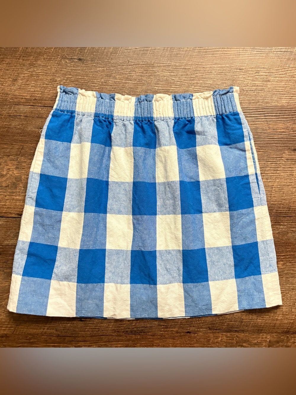J.Crew Linen-Cotton Mini Skirt blue & white oversized gingham checkers sz S EUC - Picture 4 of 14